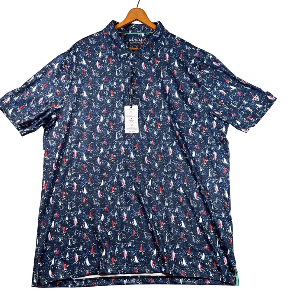 Maelreg Performance Polo Mens XL Navy Blue New Sailboat Print Short Sleeve